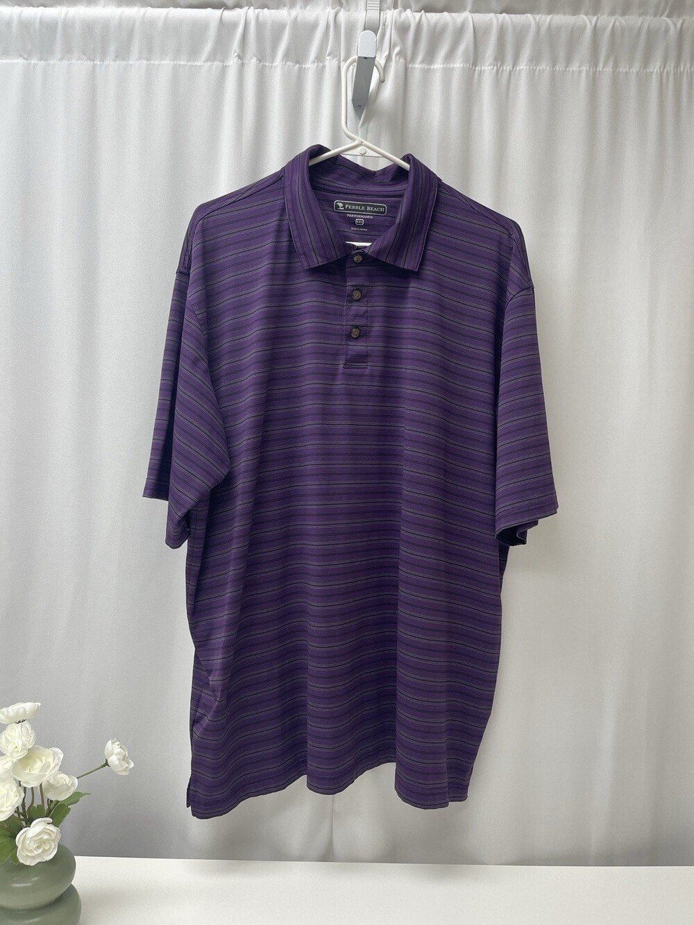 Pebble Beach Performance Polo Shirt Mens XXL Purple Striped Golf Stretch 2XL